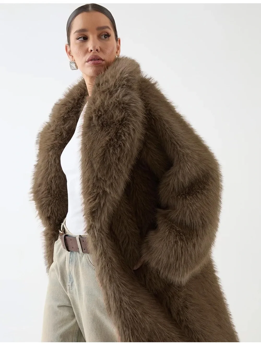Brown Faux Fur Long Coat - Women's Plush Oversized Jacket